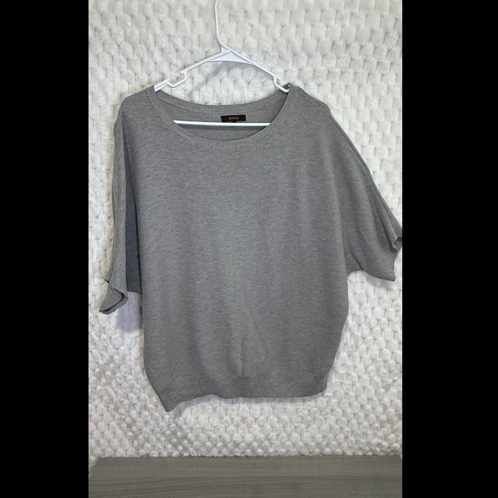 Quince Lightweight Cotton Cashmere Link-Stitch Dolman Sweater - L - Heather Gray